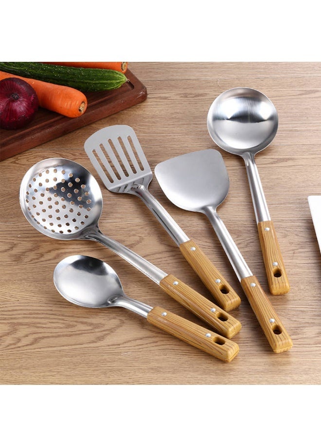 5-Piece Stainless Steel Wok Tools Spatula Cooking Utensils Set -Wok Tools Professional Set, Wooden Handle (Spoon, Spatula, Rice Spoon, Strainer, Frying Spatula) - Image 2