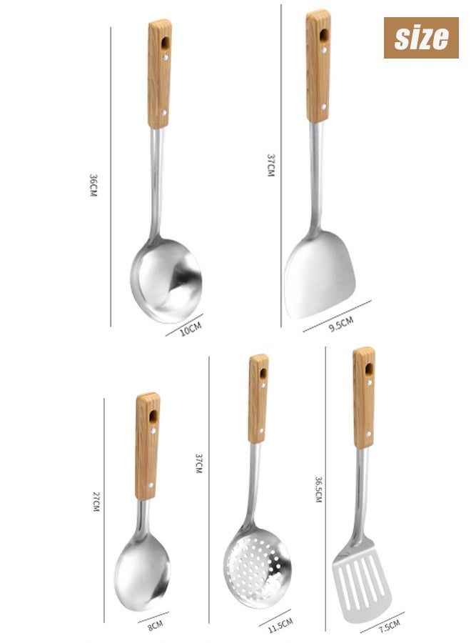 5-Piece Stainless Steel Wok Tools Spatula Cooking Utensils Set -Wok Tools Professional Set, Wooden Handle (Spoon, Spatula, Rice Spoon, Strainer, Frying Spatula) - Image 4
