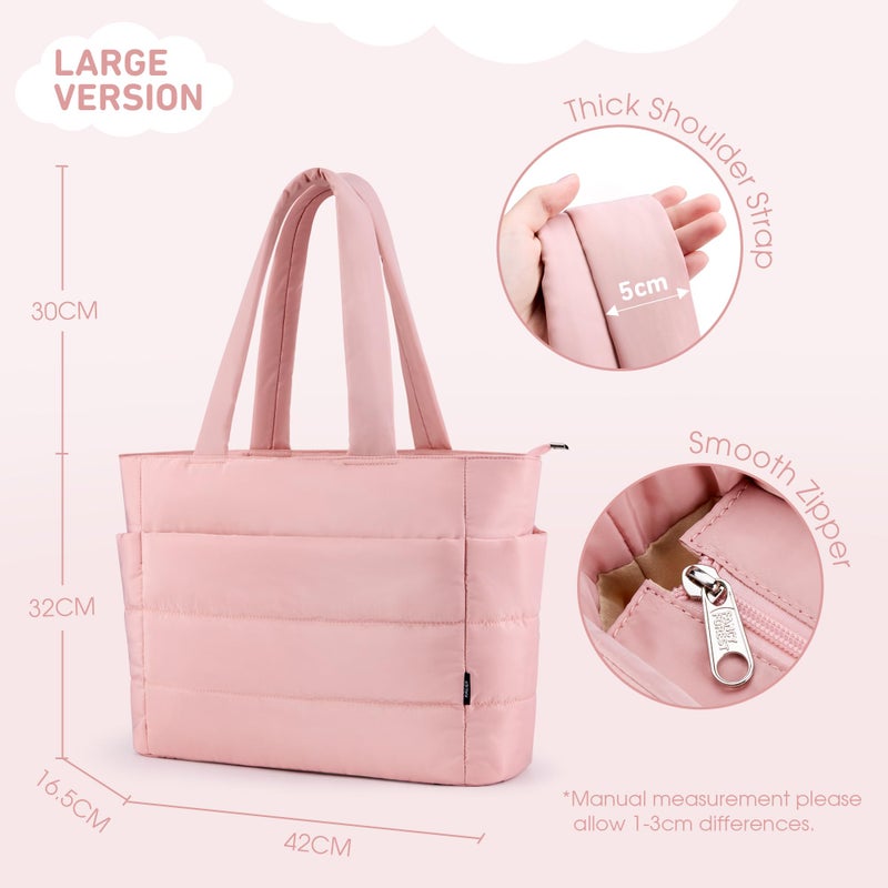 KALIDI Quilted Tote Bag, Carryall Puffer Shoulder Bag Padded Travel Large Anti Splash Zipper Casual Work Gym Women, Light Pink - Image 4