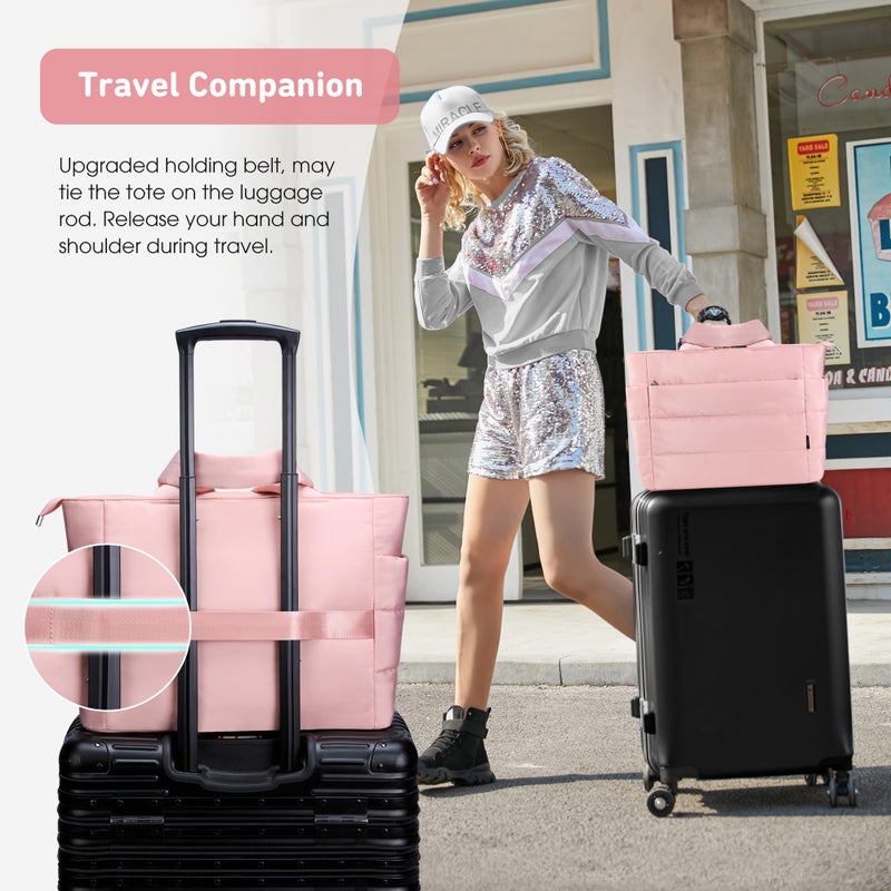 KALIDI Quilted Tote Bag, Carryall Puffer Shoulder Bag Padded Travel Large Anti Splash Zipper Casual Work Gym Women, Light Pink - Image 5