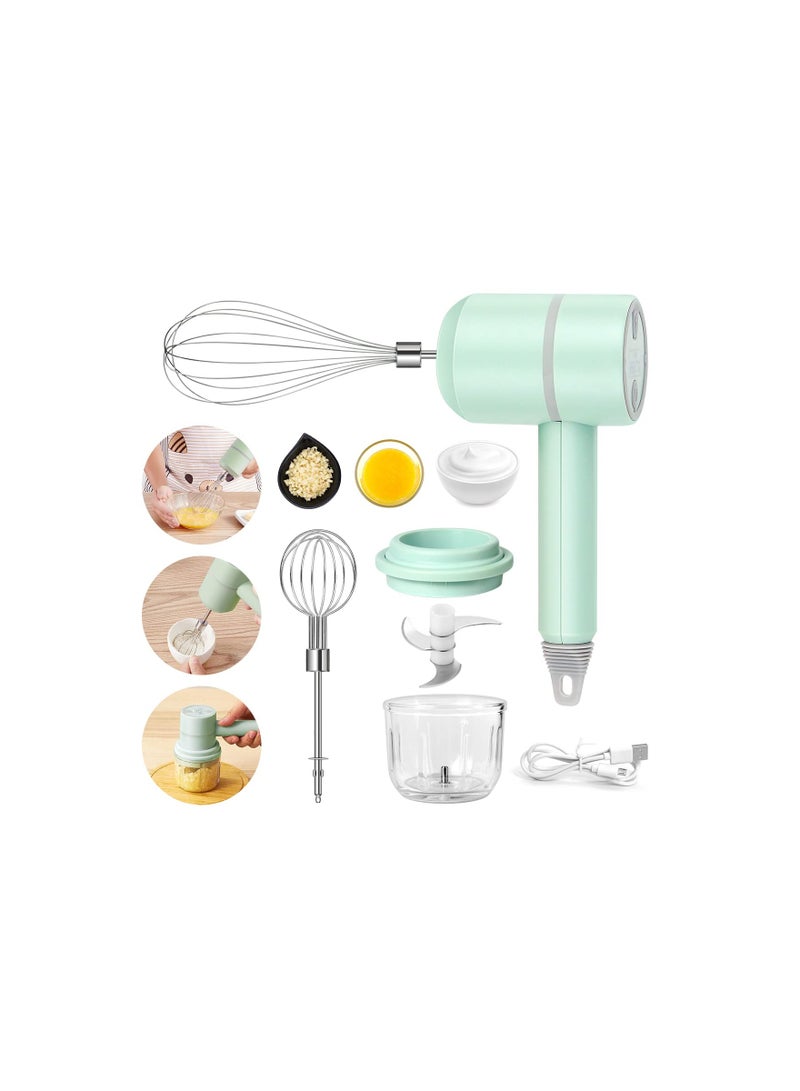 SOLARAE Electric Garlic Chopper & 3-in-1 Rechargeable Egg Beater Food Processor with 300ML Glass Container, Cordless Blender for Cooking, Baking, Pureeing Baby Food, Smoothies, and Sauces (Green) - Image 1