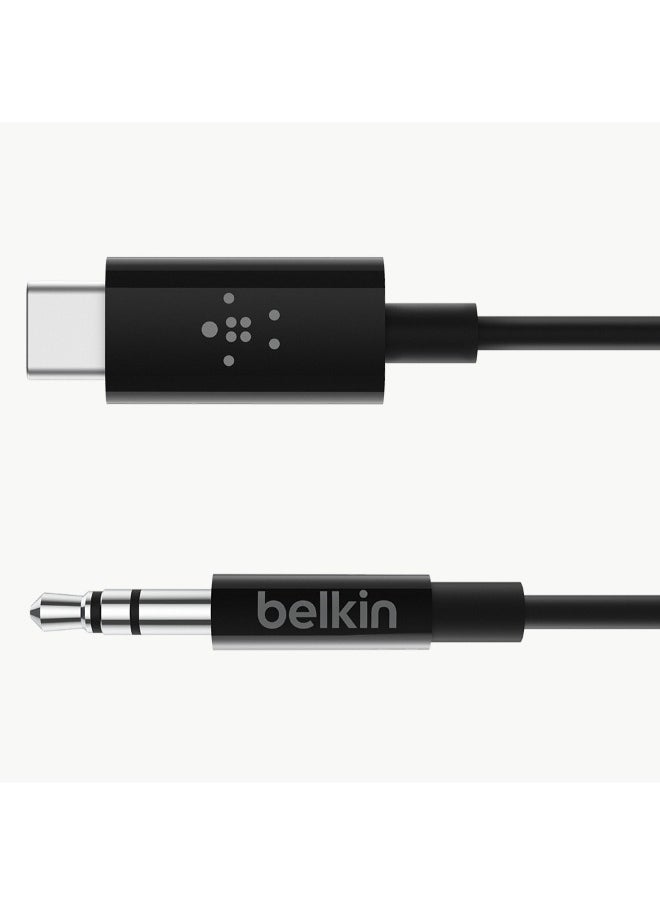 belkin كابل RockStar USB-C إلى Aux مقاس 3.5 مم | كابل صوت بطول 3 أقدام، غلاف من البولي فينيل كلوريد مع رؤوس من الألومنيوم، شديد التحمل، لهاتف iPhone 15، وSamsung Galaxy S23، وZ Fold، وiPad، وMacBook، وPixel، والمزيد - أسود  - Image 1