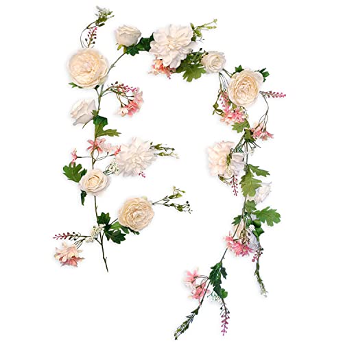 OrgMemory Peony Flower Garland, Rose Flower Swag, 6' Wedding Arch Flowers for Wedding Decor Home Table Runner Mantle Party Decor (Champagne Peony Garland) - Image 4