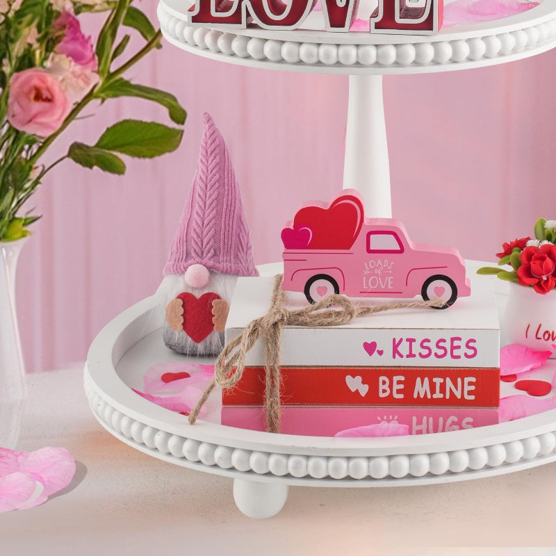 SYNCVIBE Valentines Day Decorations, Valentine's Day Tiered Tray Table Shelf Decor for Home Office, Decorative Ornaments Set Wood Book Stack Valentine Truck Bundle - Image 4