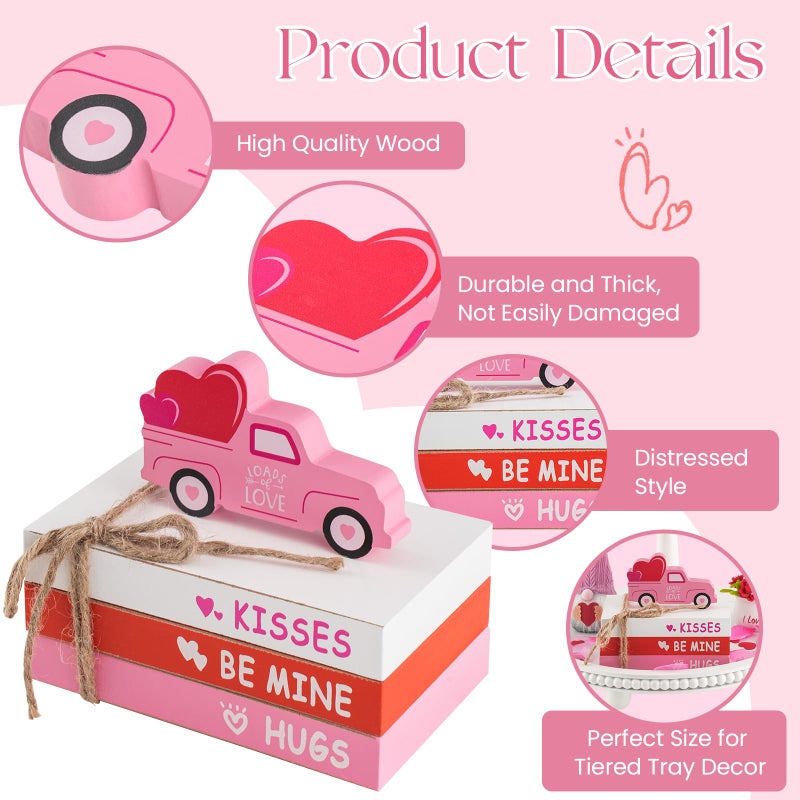 SYNCVIBE Valentines Day Decorations, Valentine's Day Tiered Tray Table Shelf Decor for Home Office, Decorative Ornaments Set Wood Book Stack Valentine Truck Bundle - Image 2