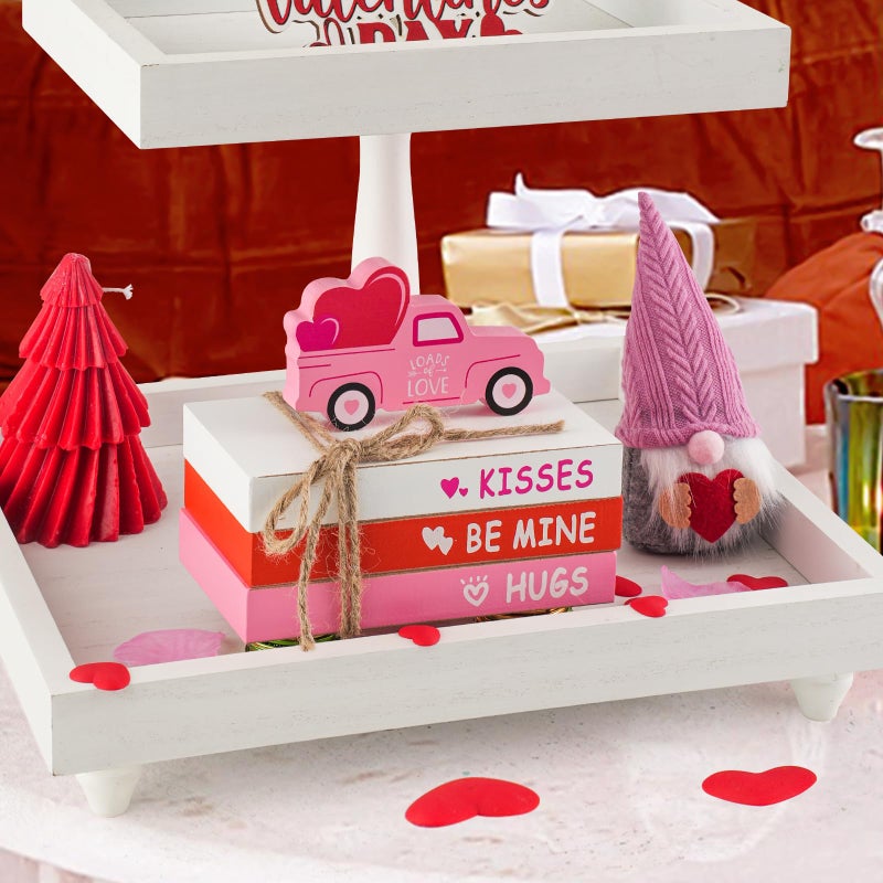 SYNCVIBE Valentines Day Decorations, Valentine's Day Tiered Tray Table Shelf Decor for Home Office, Decorative Ornaments Set Wood Book Stack Valentine Truck Bundle - Image 5
