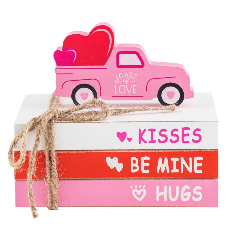 SYNCVIBE Valentines Day Decorations, Valentine's Day Tiered Tray Table Shelf Decor for Home Office, Decorative Ornaments Set Wood Book Stack Valentine Truck Bundle - Image 1