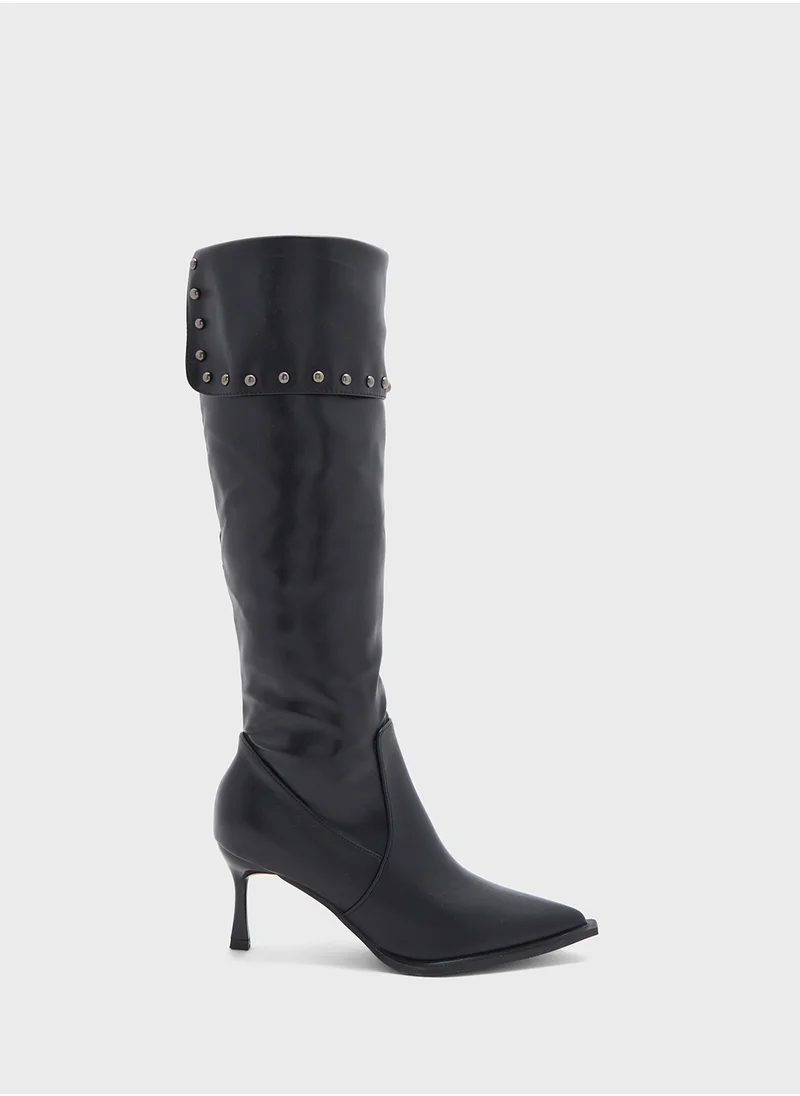 ELLA Stud Detail Heeled Knee Length Boots