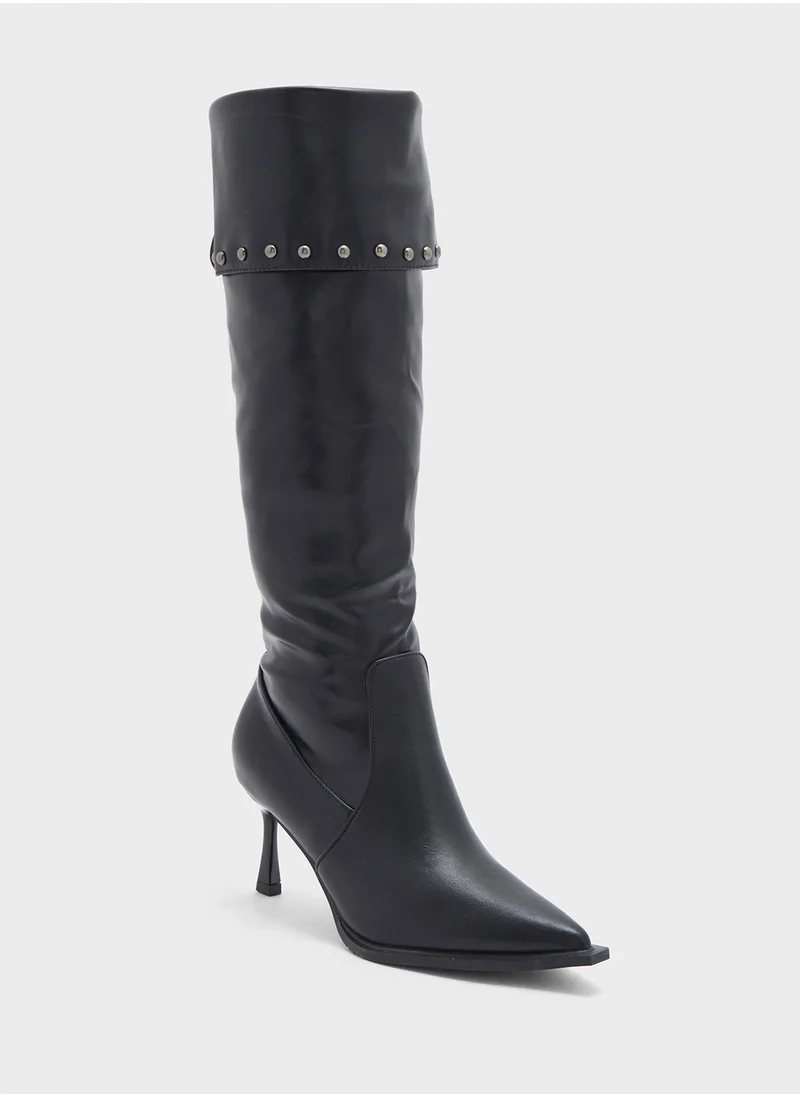 ELLA Stud Detail Heeled Knee Length Boots