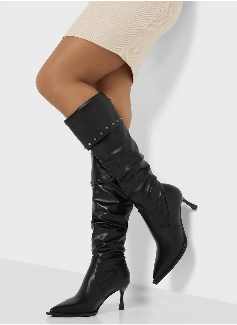 ELLA Stud Detail Heeled Knee Length Boots