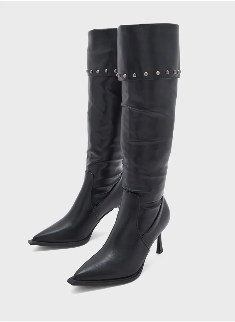 ELLA Stud Detail Heeled Knee Length Boots