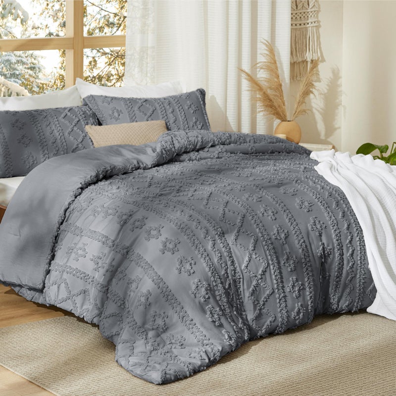 Bedsure Tufted Boho Comforter Set California King Size - Grey Boho Bed Set, GentleSoftâ„¢ 3 Pieces Farmhouse Shabby Chic Embroidery Bedding, Gifts for Woman, Soft Jacquard Comforter for All Seasons - Image 2