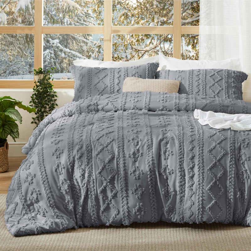 Bedsure Tufted Boho Comforter Set California King Size - Grey Boho Bed Set, GentleSoftâ„¢ 3 Pieces Farmhouse Shabby Chic Embroidery Bedding, Gifts for Woman, Soft Jacquard Comforter for All Seasons - Image 1