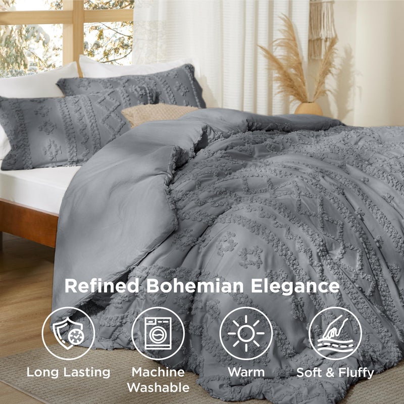 Bedsure Tufted Boho Comforter Set California King Size - Grey Boho Bed Set, GentleSoftâ„¢ 3 Pieces Farmhouse Shabby Chic Embroidery Bedding, Gifts for Woman, Soft Jacquard Comforter for All Seasons - Image 4