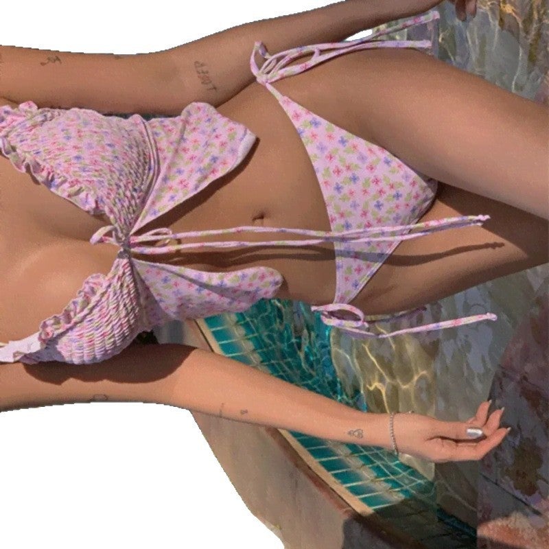 Ins Style Floral Small Fresh Bikini Female Sanya Resort Spring Three-Point Split Swimsuit