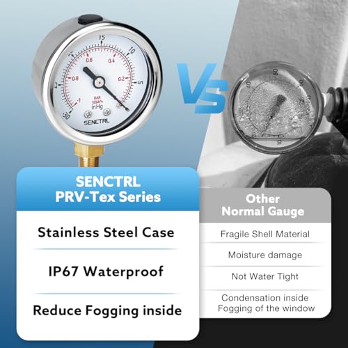 SENCTRL 30inHg Vacuum Pressure Gauge, 2" Dial, 1/8 NPT Lower Mount, Waterproof, Stainless Steel Case, for Tube Tester, HVAC, Pneumatic Air Compressor, Hand Pump, Valve Test - Image 3