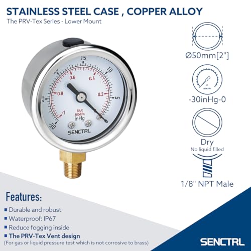 SENCTRL 30inHg Vacuum Pressure Gauge, 2" Dial, 1/8 NPT Lower Mount, Waterproof, Stainless Steel Case, for Tube Tester, HVAC, Pneumatic Air Compressor, Hand Pump, Valve Test - Image 2