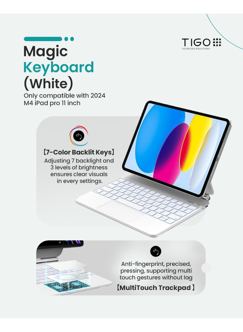 T I G O Magic Arabic and English Keyboard for iPad Pro 11 Inch (M4) 2024, Keyboard Case for iPad Pro 11 M4, Wireless Keyboard with Magic Stand, Multi-Touch Trackpad, Backlit Keys White  - Image 2