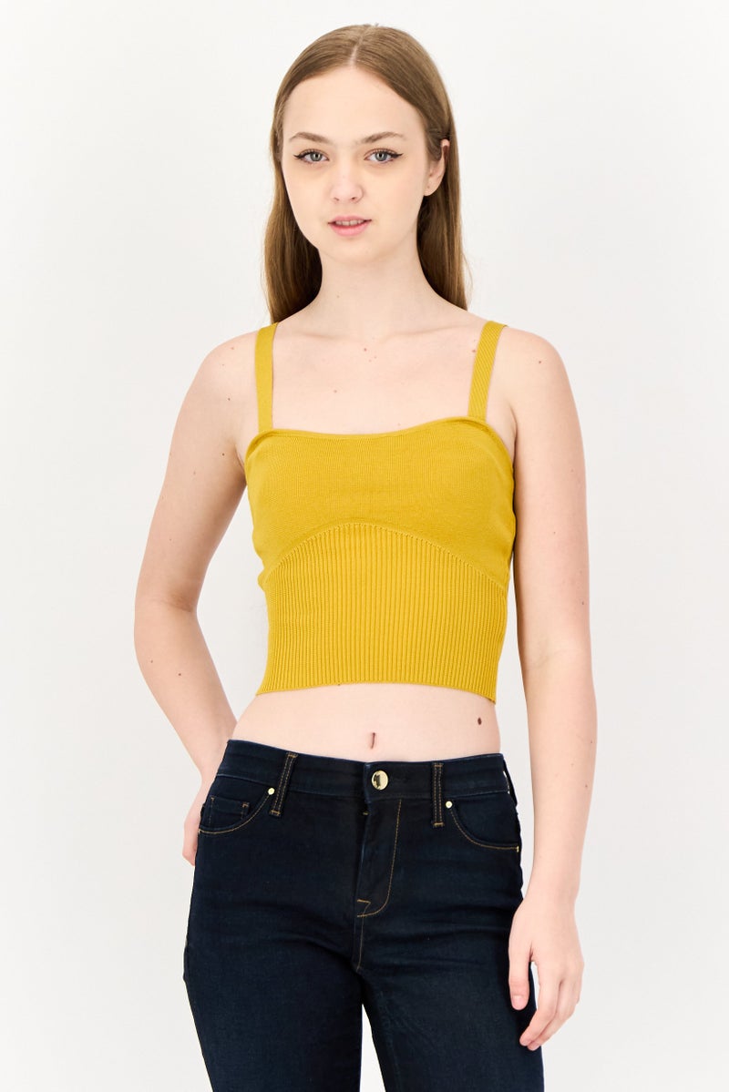 ONLY Women Square Neck Sleeveless Textured Tank Top, Yellow - Image 1