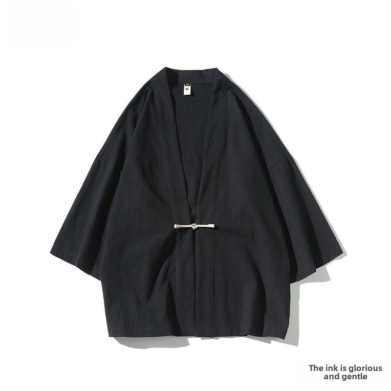 Cotton Linen Kimono Jacket Mens Casual Loose Hanfu Cardigan Navy blue - Image 3