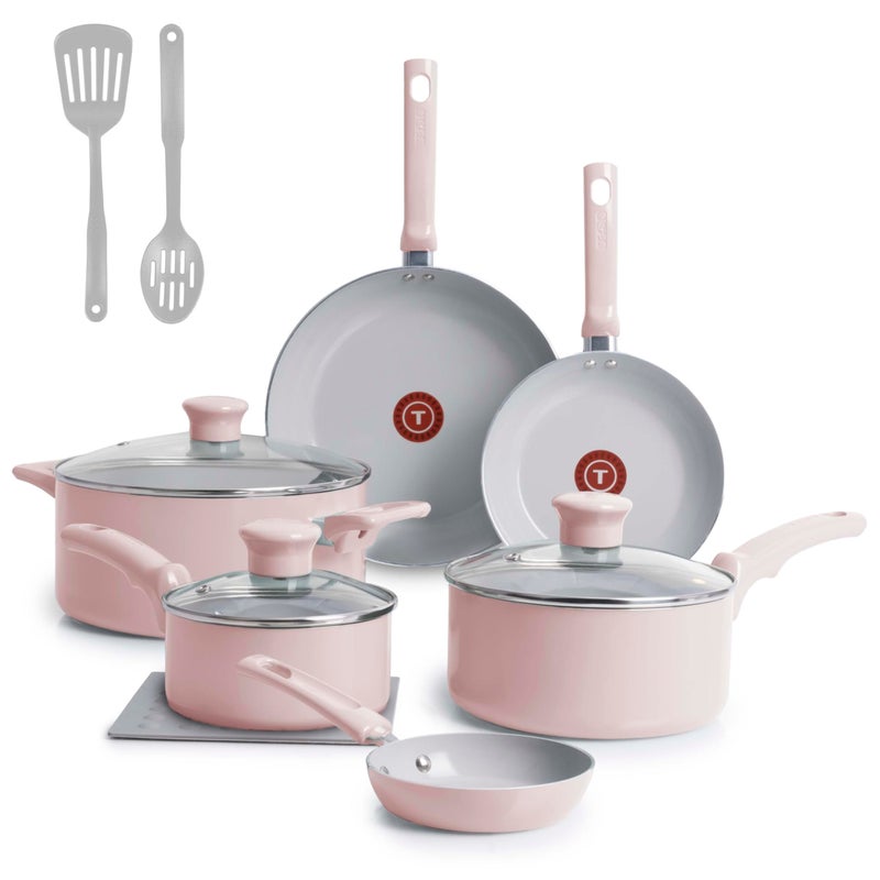 T-fal طقم أواني الطهي غير اللاصقة من تيفال، 12 قطعة، طقم من الأواني والمقالي الخزفية، آمن للاستخدام في الفرن حتى 350 درجة فهرنهايت، يشمل قدر كبير، مقلاة، مقالي، وأدوات، وردي غامق - Image 1