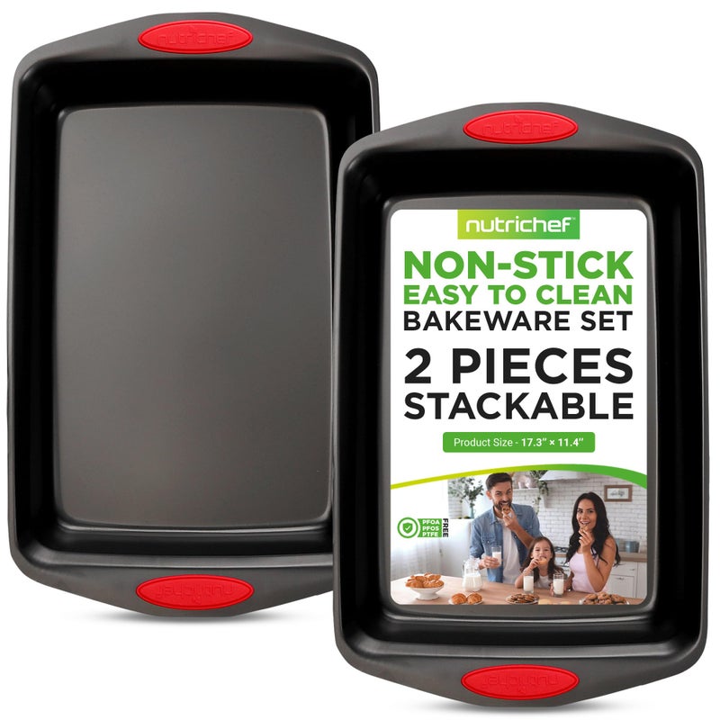 NutriChef 2Piece Nonstick Baking Pan Set  Carbon Steel Cookie Sheet wRed Silicone Grip Handles  Durable HeavyDuty Bakeware for Even Heat Distribution  Oven Safe Easy Cleanup  Black