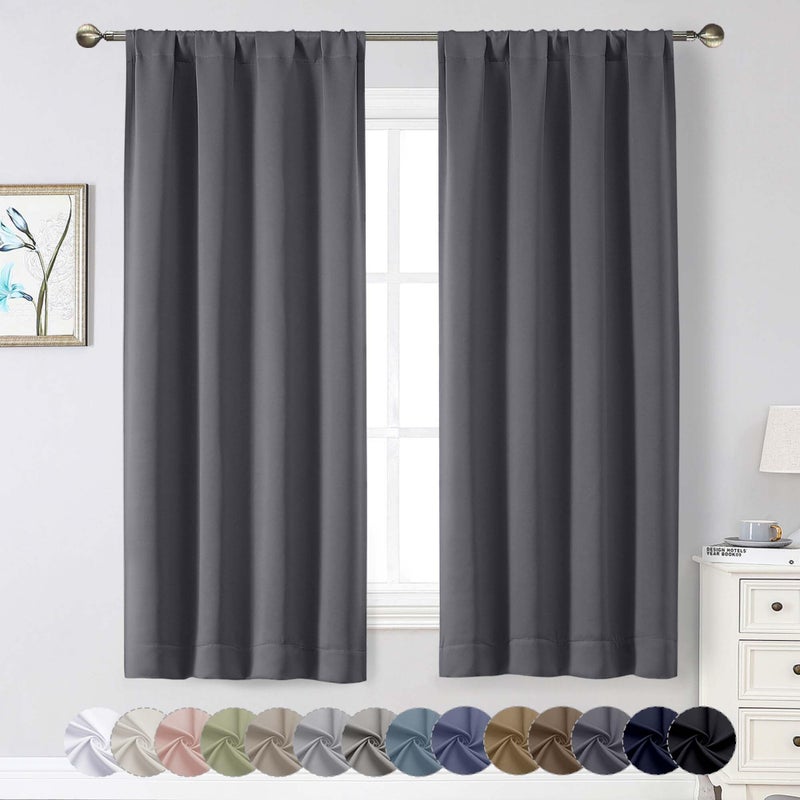 WelvetBLK Grey Blackout Curtains for Bedroom Living Room 63 Inch Length 2 Panels Set, Soft Solid Room Darkening Thermal Insulated Window Treatments, Rod Pocket Dining Room Curtains, Grey, 40" Wx63 L - Image 1