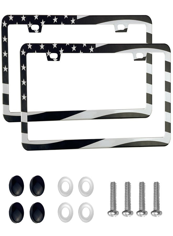 lengnoyp 2PCS Premium American Flag License Plate Frame, Black License Plate Frames, 2 Holes Solid Stainless Steel License Plate Holder, Universal Car License Plate Frame for USA Flag, by - Image 1