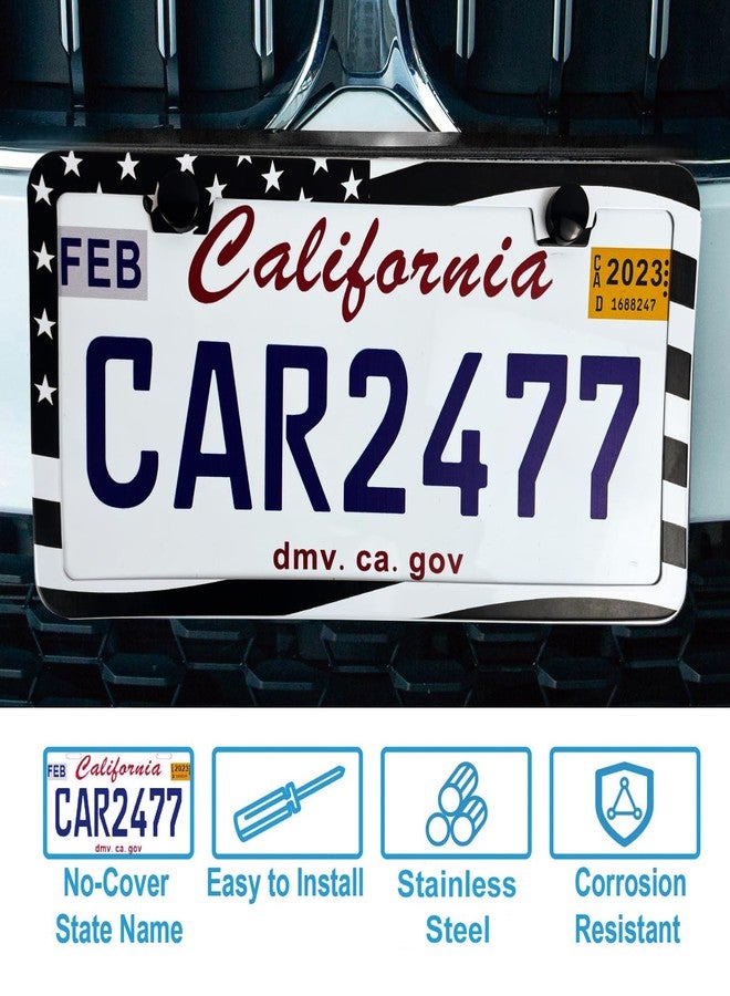 lengnoyp 2PCS Premium American Flag License Plate Frame, Black License Plate Frames, 2 Holes Solid Stainless Steel License Plate Holder, Universal Car License Plate Frame for USA Flag, by - Image 5