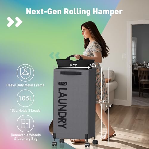 Caroeas NextGen 105L Matel Frame Laundry Basket with wheels Heavy Duty Tall Rolling Laundry Hamper with Removable Wash Bag Collapsible Freestanding Clothes Hamper For Laundry Room 100LGrey1Pack - Image 3