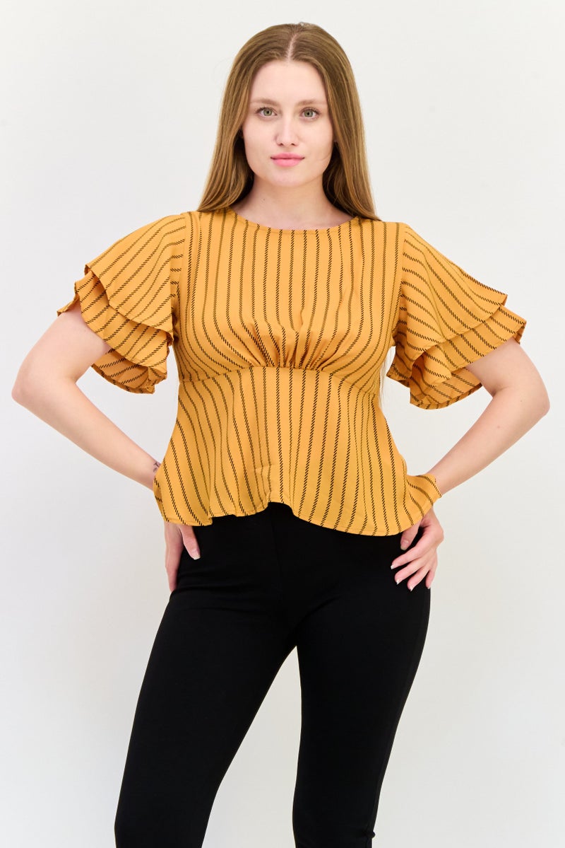 ONLY بلوزة نسائية بأكمام قصيرة وياقة دائرية، مخططة، متعددة الألوان - Image 1