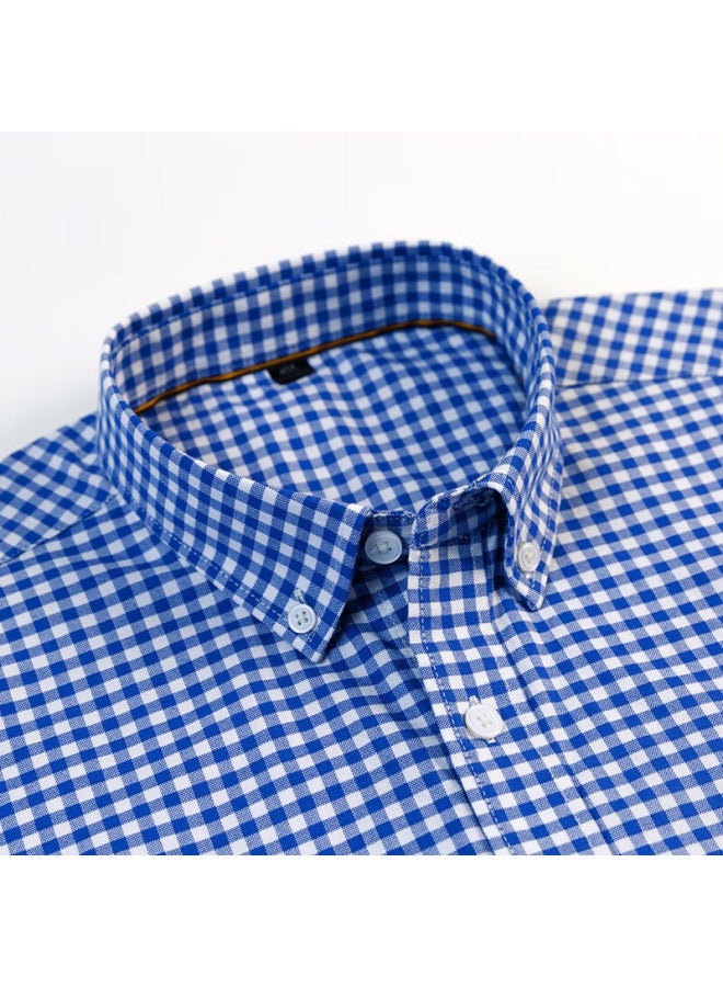 Limeng Pure Cotton Plaid Oxford Cloth Long-sleeve Shirt, Men's Business Casual Formal Wear, Wrinkle-free Dress Shirt, Blue Plaid, Size 41 - Image 1