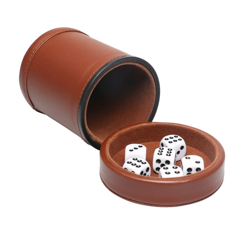 RERIVER PU Leather Dice Cup Set with Lid Dark Brown Felt Lining Quiet Shaker Cup Includes 6 Dot Dice for Liars Dice Farkle Yahtzee Board Games 1 Pack - Image 3
