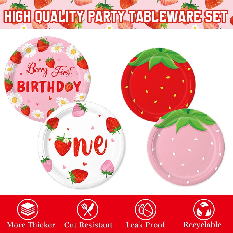 LINHAXM Berry First Birthday Decor Strawberry 1st Birthday Decorations for Plates, Napkins, Cups, Cutlery, Cupcake Toppers, Banner, Tablecloth, Balloons for Girls Strawberry Party Decorations, Serve 20 - Image 3