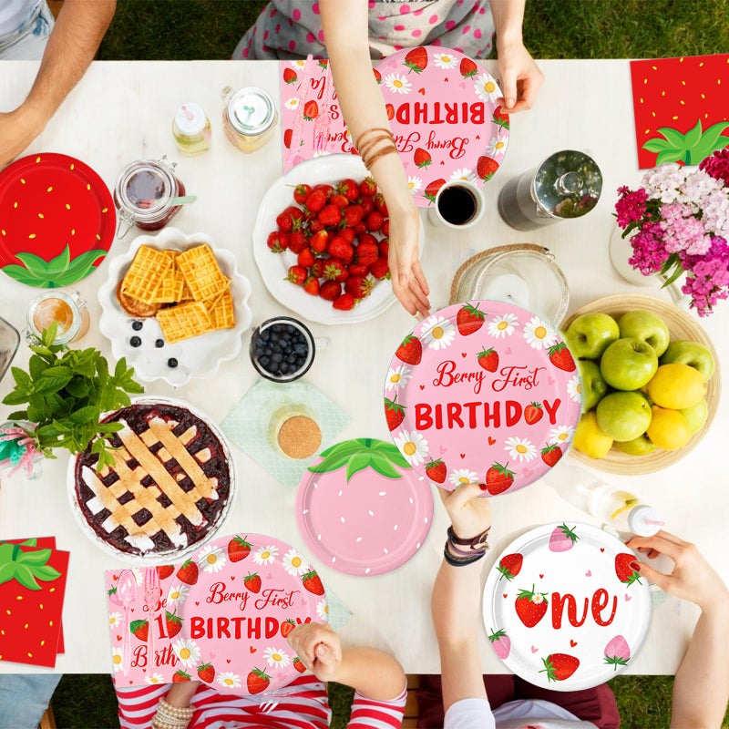 LINHAXM Berry First Birthday Decor Strawberry 1st Birthday Decorations for Plates, Napkins, Cups, Cutlery, Cupcake Toppers, Banner, Tablecloth, Balloons for Girls Strawberry Party Decorations, Serve 20 - Image 5
