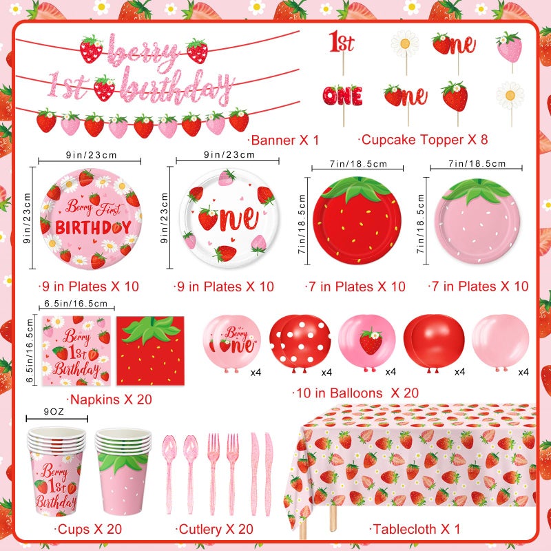 LINHAXM Berry First Birthday Decor Strawberry 1st Birthday Decorations for Plates, Napkins, Cups, Cutlery, Cupcake Toppers, Banner, Tablecloth, Balloons for Girls Strawberry Party Decorations, Serve 20 - Image 2