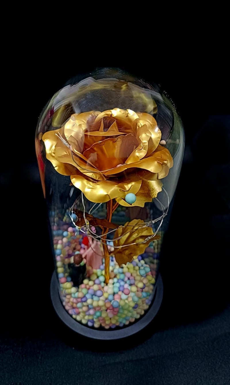 Gokich Gokich Plastic Rose Flower Gift Golden Forever Rose in Glass Dome Personalized Gifts for Mom Sisters Friend Women Valentines Day Birthday Wedding Anniversary Golden Pack of 1  - Image 5