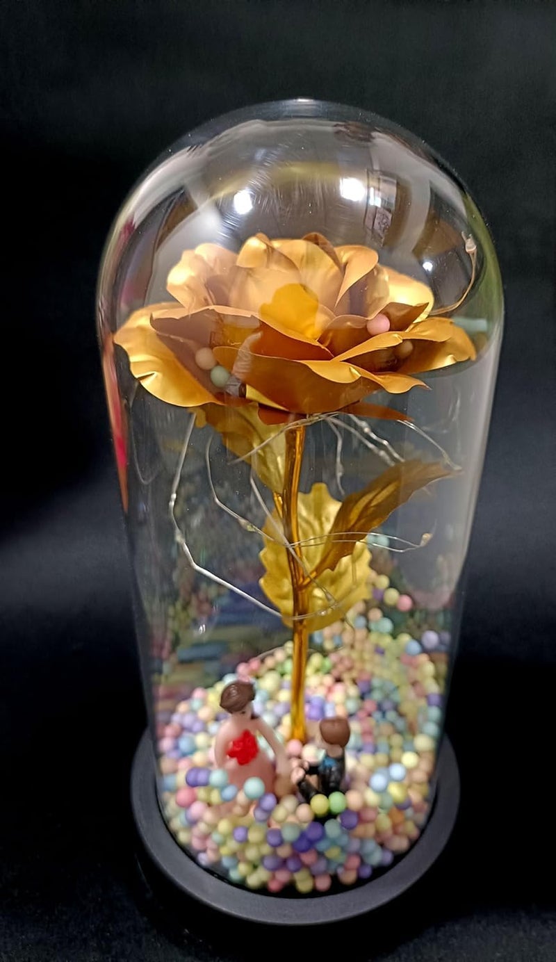 Gokich Gokich Plastic Rose Flower Gift Golden Forever Rose in Glass Dome Personalized Gifts for Mom Sisters Friend Women Valentines Day Birthday Wedding Anniversary Golden Pack of 1  - Image 4