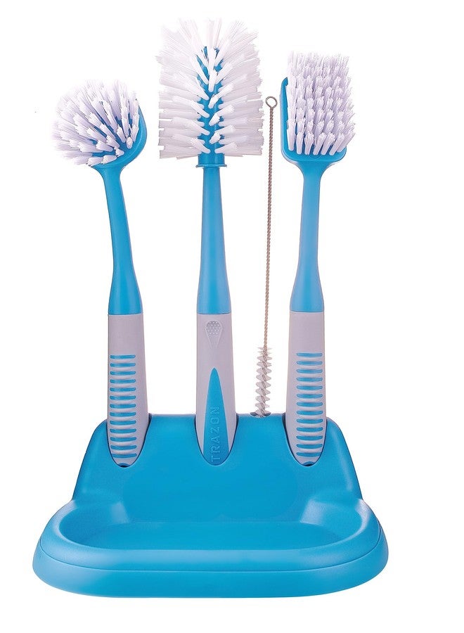 Trazon Dish Brush Set of 5 with Convenient Holder, Bottle Water Brush, Dish Scrub Brush, Scrubber Brush and Straw Brush - Kitchen Scrub Brushes Non Slip Long Handle for Sink Dishes Cup Pot, Blue - Image 1