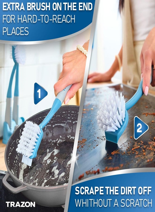 Trazon Dish Brush Set of 5 with Convenient Holder, Bottle Water Brush, Dish Scrub Brush, Scrubber Brush and Straw Brush - Kitchen Scrub Brushes Non Slip Long Handle for Sink Dishes Cup Pot, Blue - Image 3