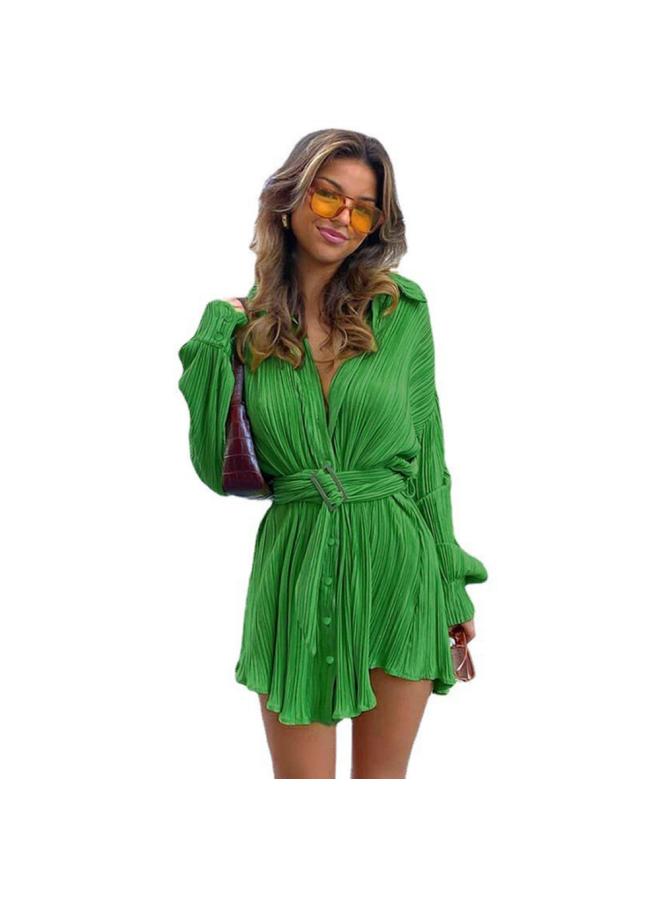 Women's New Shirt Collar Fashion Women's Elastic Waist Pleated Long Sleeve Lace-up Dress