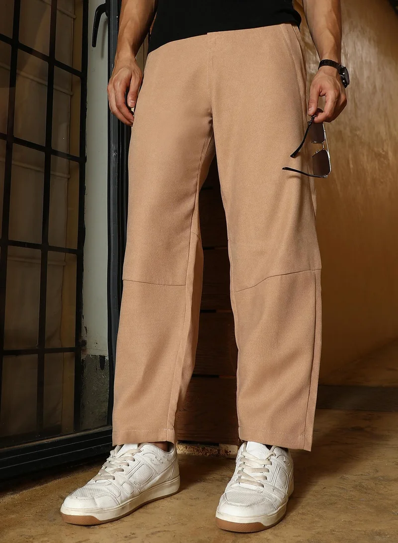 Campus Sutra Men Twill-Panelled Chino Trousers | Mid-Rise , Elasticated Waistband | Button Closure , Straight Hem | Solid Twill | Woven Fabric For Casual & Daily Wear | Khaki Beige