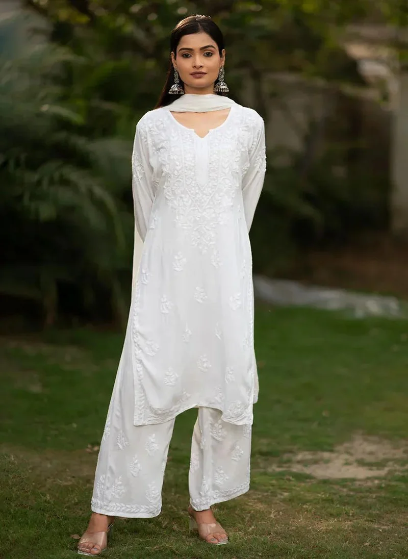 ZERESOUQ Moonchild White Rayon Chikankari 3-Piece Kurta Set