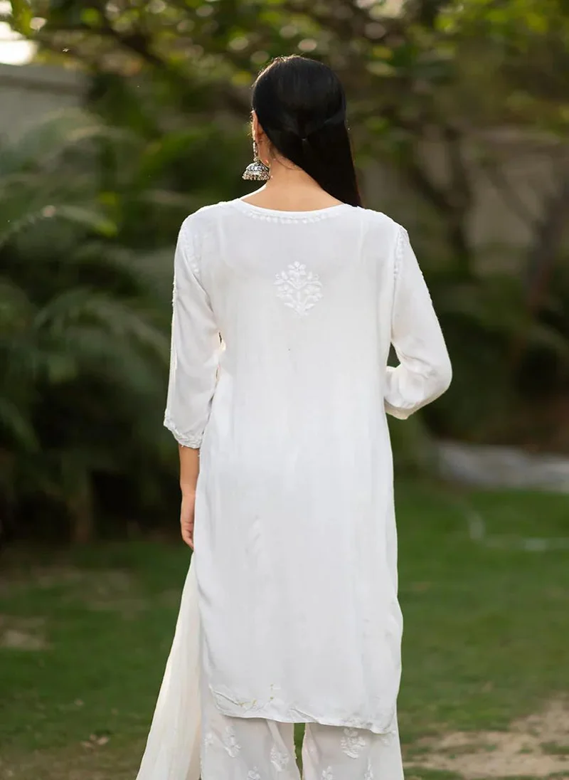 ZERESOUQ Moonchild White Rayon Chikankari 3-Piece Kurta Set