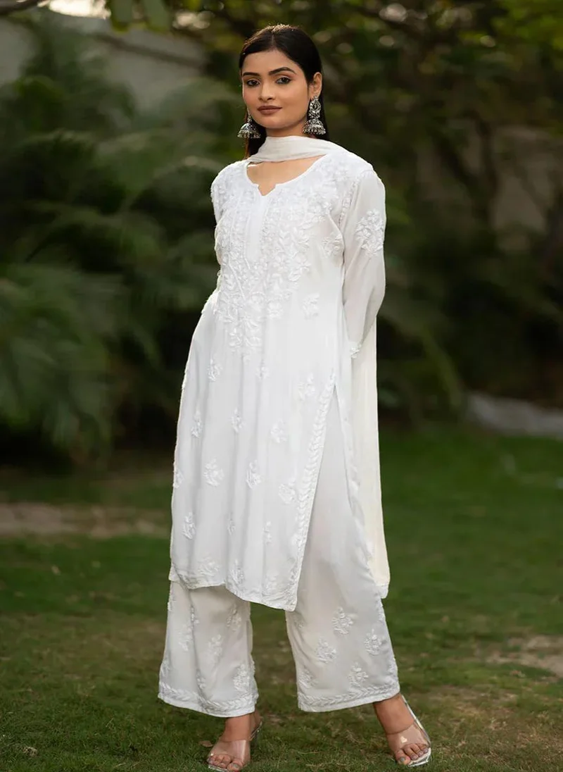 ZERESOUQ Moonchild White Rayon Chikankari 3-Piece Kurta Set