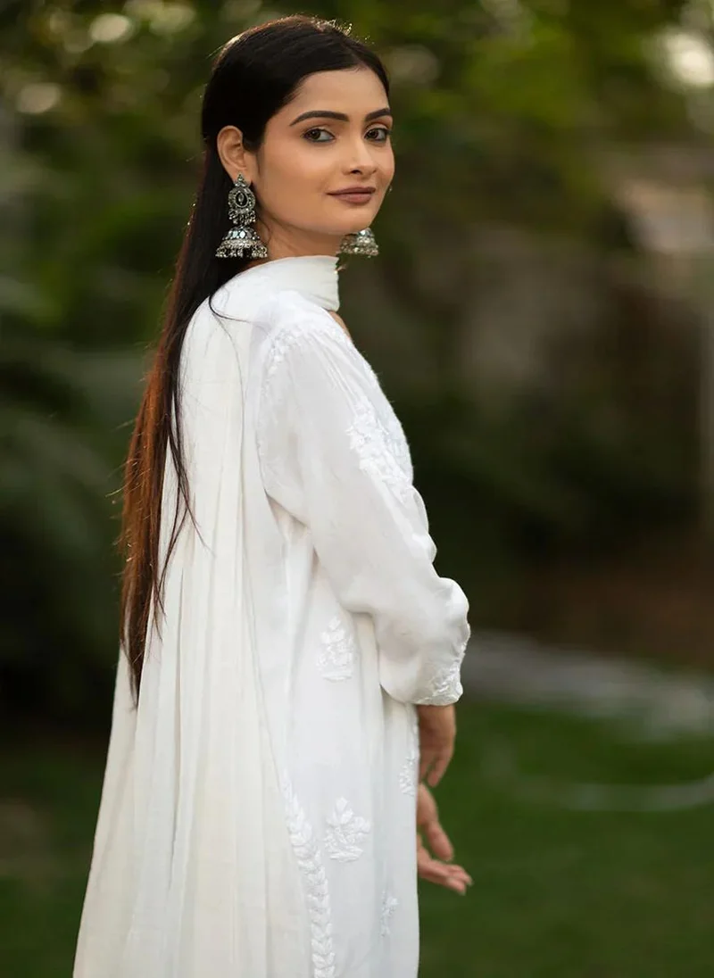 ZERESOUQ Moonchild White Rayon Chikankari 3-Piece Kurta Set
