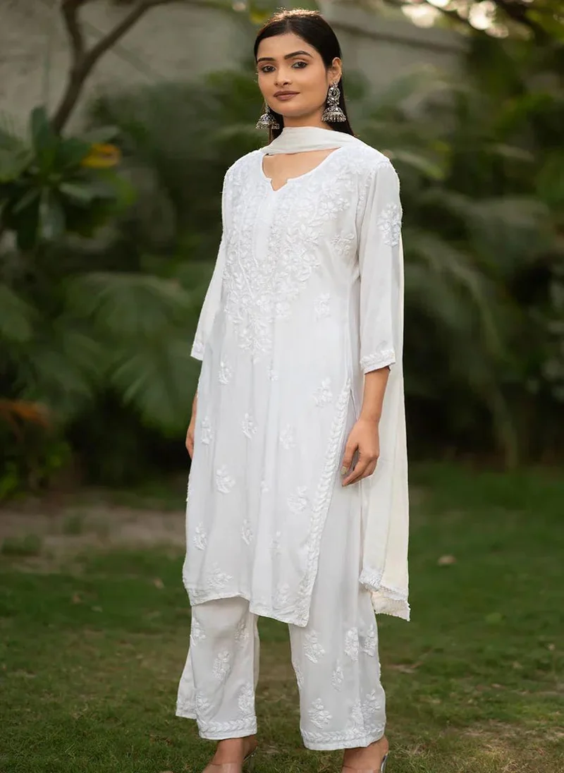 ZERESOUQ Moonchild White Rayon Chikankari 3-Piece Kurta Set