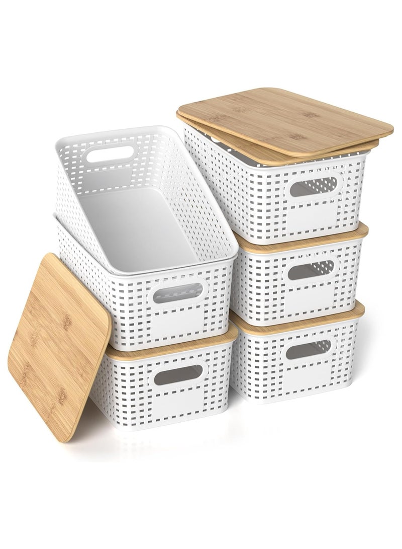 6 pcs Plastic Storage Baskets with Bamboo Lids, Stackable Storage Bins for Organizing Shelves Drawers Desktop Closet Playroom Classroom kids Office Home, Storage Containers - Image 1