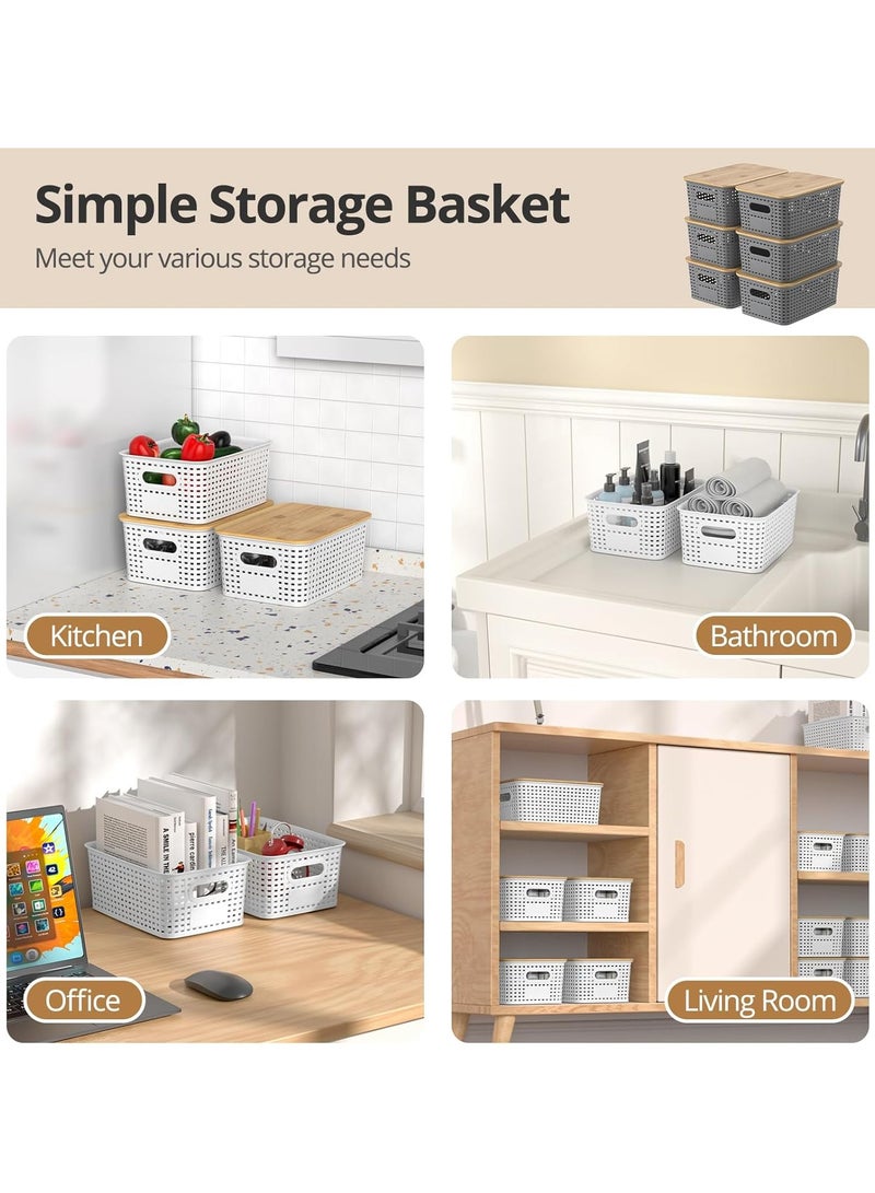 6 pcs Plastic Storage Baskets with Bamboo Lids, Stackable Storage Bins for Organizing Shelves Drawers Desktop Closet Playroom Classroom kids Office Home, Storage Containers - Image 5