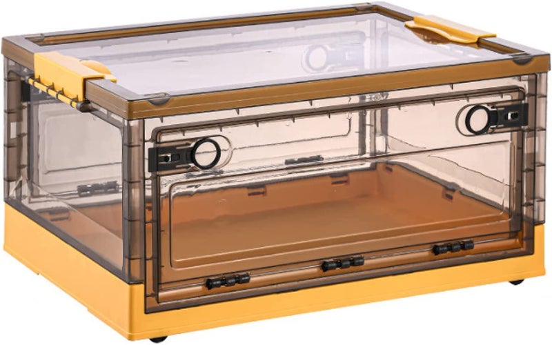 Home-Cloud HomeCloud Folding Storage Box with Lid, Large Clear Collapsible Stackable Storage Box with Wheels, Foldable Plastic Storage Bins for Organizer (L47cm x W35cm x H24cm) (Medium, Yellow) - Image 1